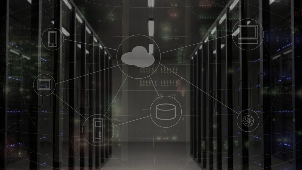 Cloud computing concept in server room with technology icons connected in a network.