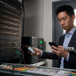 A man in a suit holds a cell phone in front of a server rack, indicating a professional setting in technology or IT
