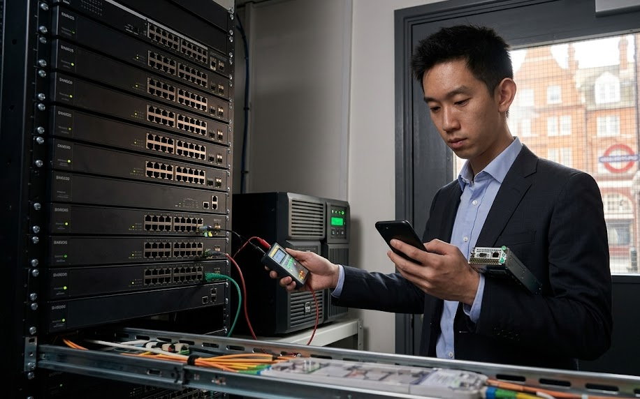 A man in a suit holds a cell phone in front of a server rack, indicating a professional setting in technology or IT